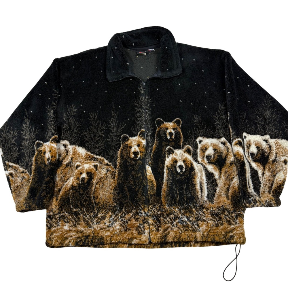VTG Mazmania Grizzly Bear Fleece Jacket Made in USA Sz S Gorpcore AOP Cabincore